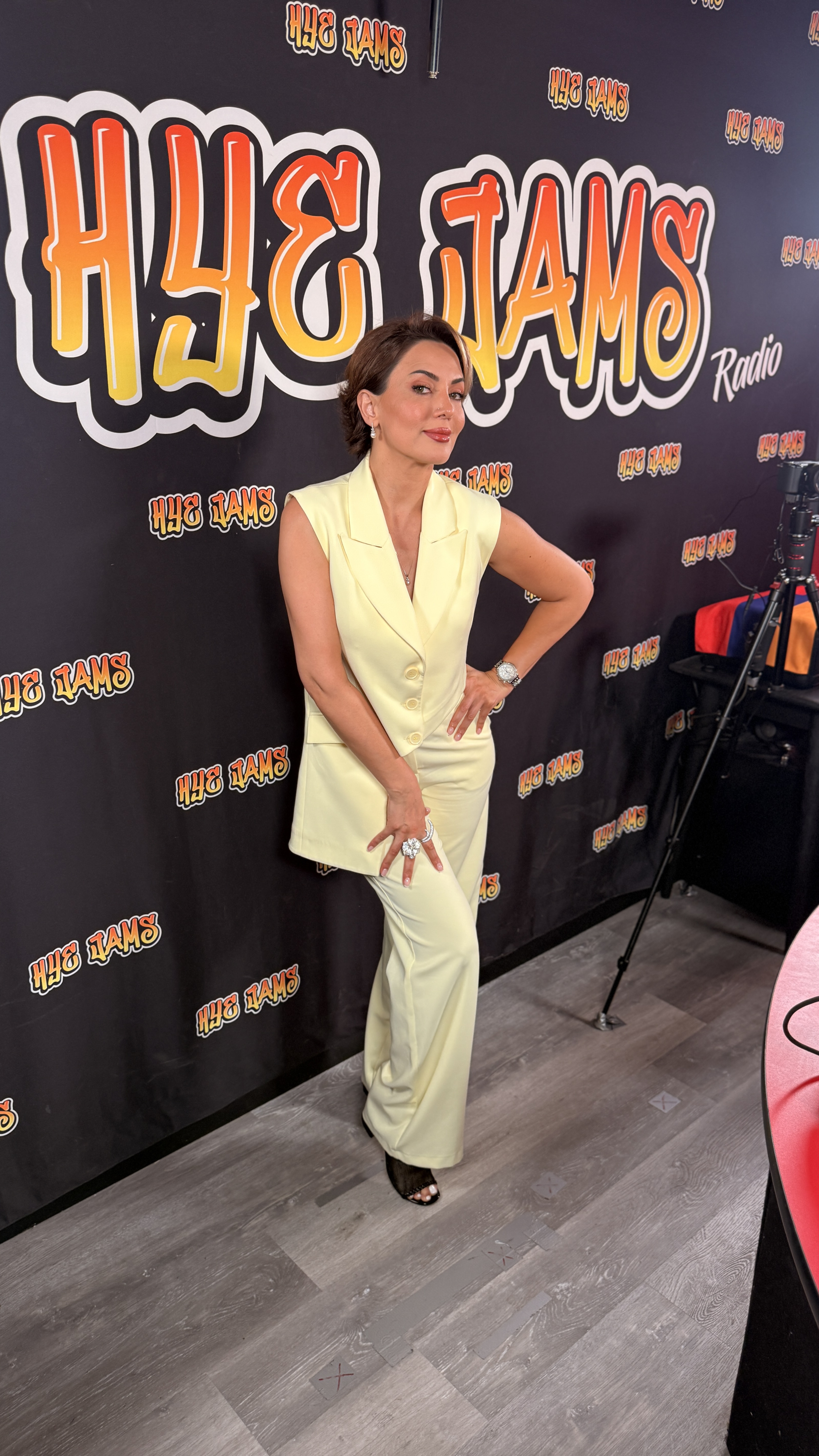 Angela Sargsyan at the Hye Jams Radio interview backdrop